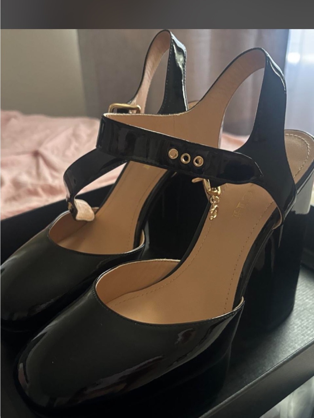 Coach Black Patent Platform Mary Jane Slingback Heels with Gold Accent
